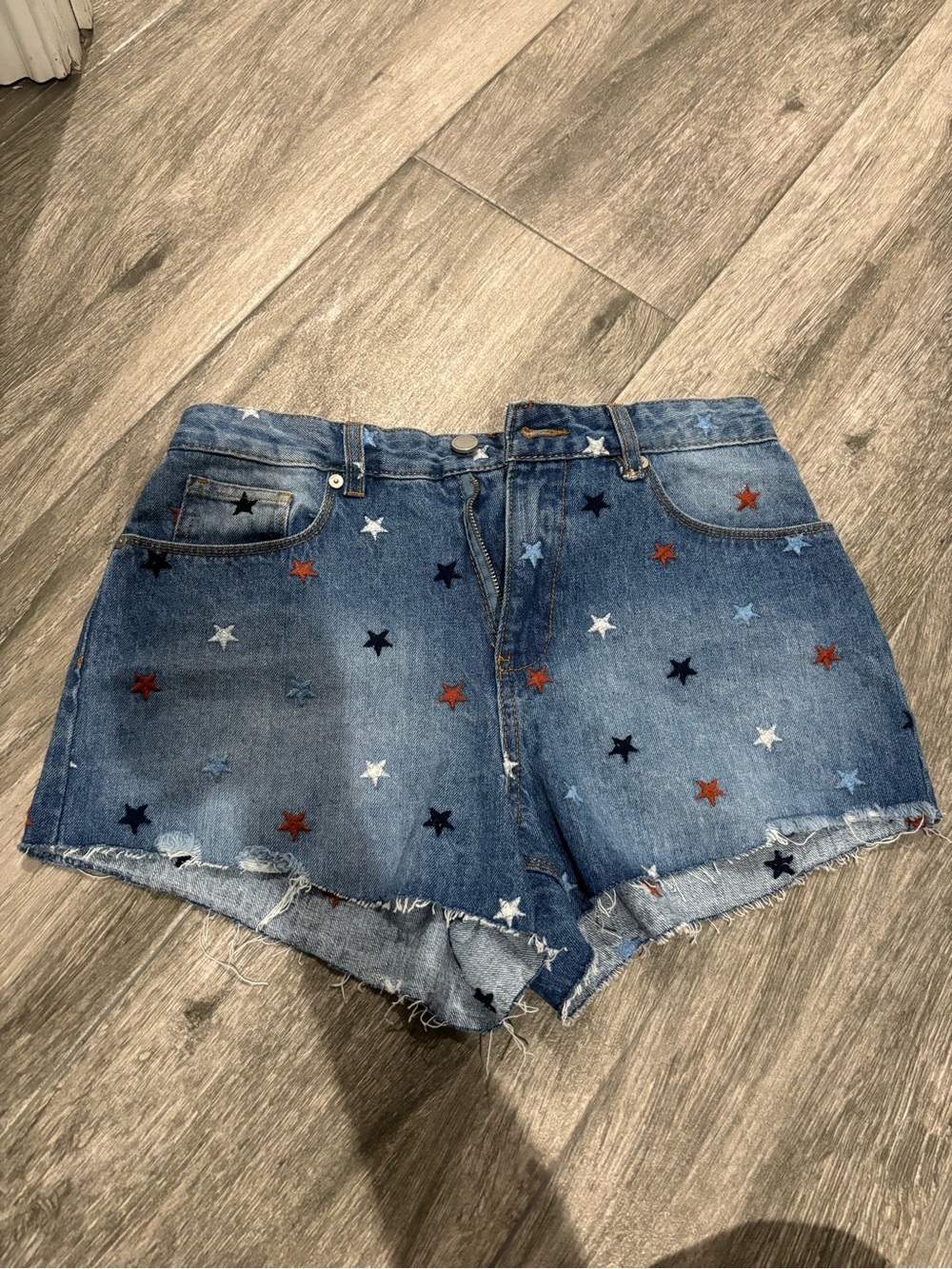 Blank NYC Blue Denim Star-Embroidered Shorts with Red, White, Navy Stars